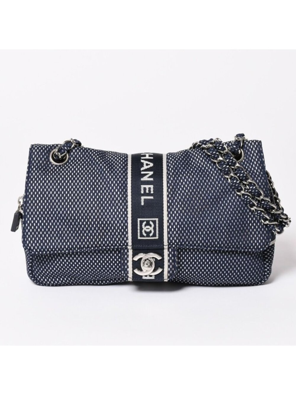 Chanel Sports Line Mesh Chain Shoulder Bag Fabric CC Logo CC Turnlock Navy